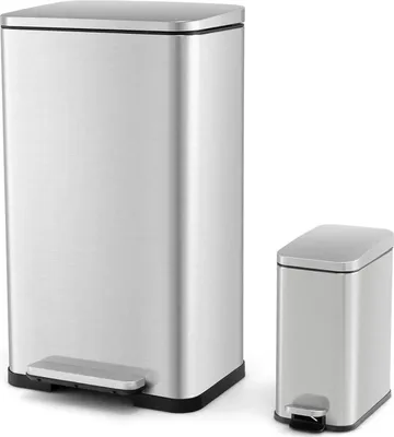 Immagine prodotto di Cestino dei rifiuti - Cestino a pedale - 40 L + 6 L - Acciaio inossidabile - Rettangolare - Coperchio con chiusura ammortizzata - Secchio interno rimovibile - Argento