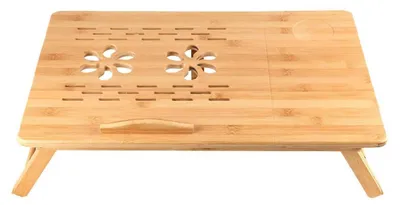 Produktbild von Notebooktisch Höhenverstellbar mit Schublade Belüftet Faltbar Laptopständer Betttisch 66x35cm Holzfarbe Bambus