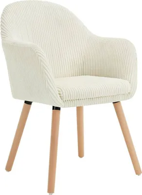 A single beige armchair with wooden legs on a white background.