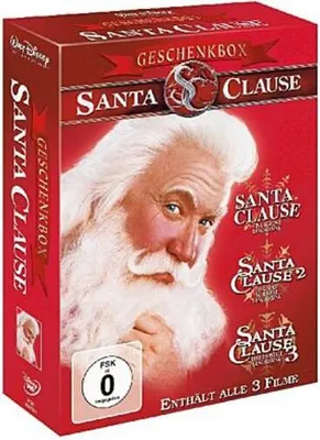 A DVD gift box set for the Santa Clause movies, featuring a large image of Santa Claus on the front.