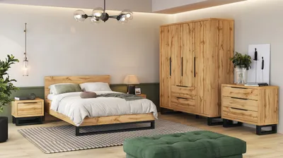 Produktbild von Schlafzimmer-Set HELENE 1 eiche wotan 5-tlg. Kleiderschrank Nachttische Kommode Bett