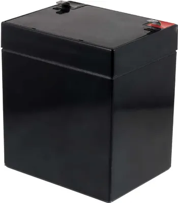 A black battery is shown from a slightly elevated side angle against a white background.