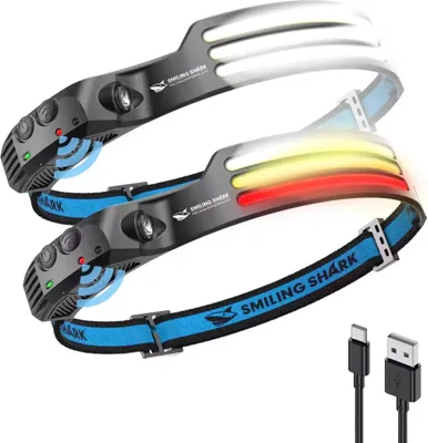 Produktbild von Smiling Shark Stirnlampe, 230°Wide Angle 3*Farben LED-Streifen 2 Stück Headlight Wiederaufladbar mit Wasserdichte Kopflampe Camping Joggen Angeln, Stirnlampe-LED-Headlight-Camping-Kopflampe