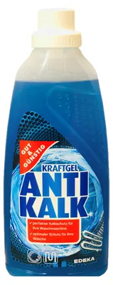 A bottle of blue liquid laundry detergent with anti-limescale properties.