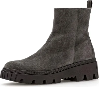A single gray suede boot with a thick black sole is shown against a white background.