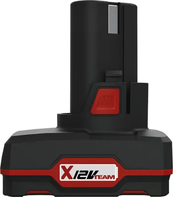 A studio shot of a black and red 12V battery pack.