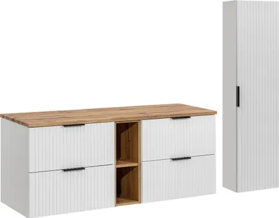 Image de Ensemble De Meubles De Salle De Bain 140 Cm Blanc Mat Avec Plan De Travail En Chêne Et Armoire Haute