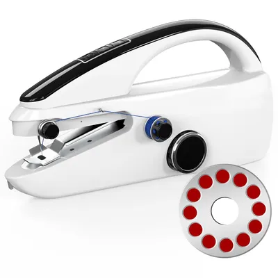 A white handheld mini sewing machine with a black accent on the handle and a blue spool of thread is shown on a white background. A circular accessory with red dots is placed in the foreground.