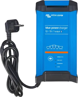 A Victron Energy BlueSmart battery charger with its power cord.