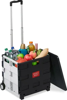 Produktbild von Relaxdays Einkaufstrolley, klappbar, Einkaufskorb mit Rollen, Deckel & Teleskopgriff, bis 35 kg, Rollkiste, schwarz/weiß