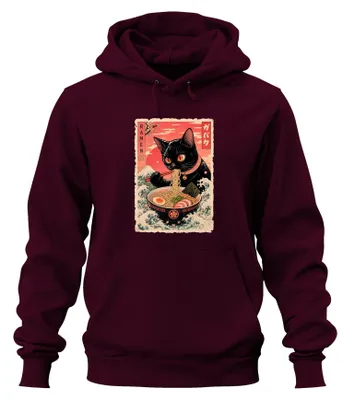 Immagine prodotto di Ramen Schwarze Katze: Felpa con cappuccio a tema "Gatto Nero", stile giapponese, con noodles ramen, design ispirato agli anni 2000, colore bordeaux, taglia L