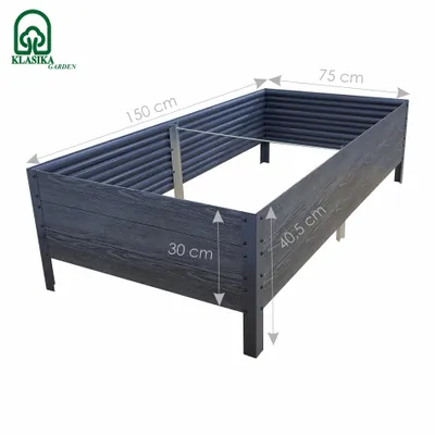 A raised garden bed with dimensions indicated.