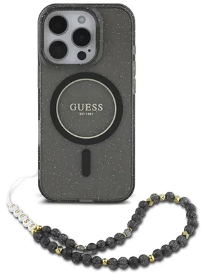 Immagine prodotto di Guess GUHMP16LHGCRELSK Custodia rigida per Apple iPhone 16 Pro IML Glitter con cinturino perlato MagSafe nero