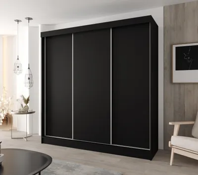Produktbild von 3-türiger Schwebetürenschrank 150 × 205 cm – Schwarz mit 4 Schubladen | Moderner Kleiderschrank für Schlafzimmer und Flur