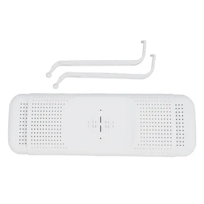 A white air conditioner deflector and two white mounting brackets are shown against a white background.