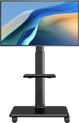 Obrázok produktu pre Uniqoos® Mobilný stojan na televízor s kolieskami – výškovo nastaviteľný, otočný podstavec pre televízory s uhlopriečkou 27–65 palcov (štandard VESA 100 mm x 100 mm až 400 mm x 400 mm), nosnosť 28 kg, oceľ
