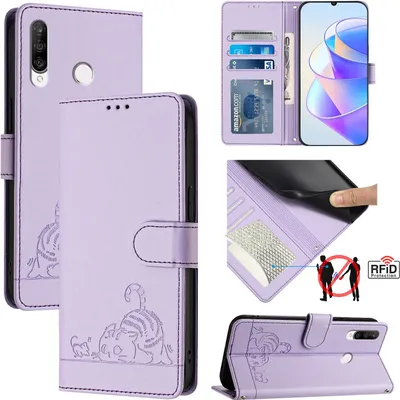 Obrázek produktu pro Kožené pouzdro pro Huawei P30 Lite, sladká kočka Flip pouzdro s funkcí stojánku a peněženkou Fialová