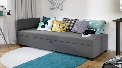 Produktbild von Sofa Misti II - Einzelbett, Schlafsofa mit Bettkasten, Bettsofa, Farbauswahl, Bettgestell, Komfortbett, Bett für Jugendzimmer, Schlafmöbel (Grau (Lux 05))