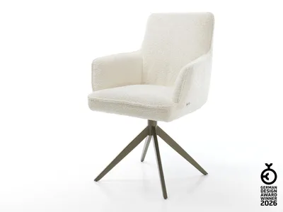 Produktbild von DELIFE Drehstuhl Heira-Flex mit Armlehnen Bouclé Weiß Kreuzgestell breit Effektfinish Titan 360° drehbar Wippfunktion Taschenfederkern
