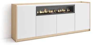 Produktbild von Sideboard, Highboard, 207x37x80cm, 4 Türen, Elektrokamin., Weiß und Eiche Soft