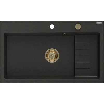 Zdjęcie produktu dla Mexen Omar zlewozmywak granitowy 1-komorowy 800 x 480 mm, czarny/złoty metalik, syfon złoty - 6520801005-75-G