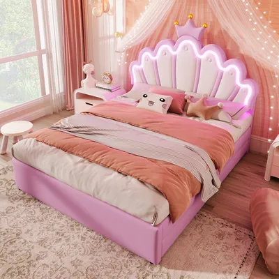 Produktbild von MODFU Kinderbett Polsterbett 140×200 cm mit Ferngesteuertes Ambientelicht, Doppelbett Prinzessinnenbett in Kronenform mit Verstellbares Kopfteil und 2 Schubladen(Ohne Matratze), PolyurethanRosa