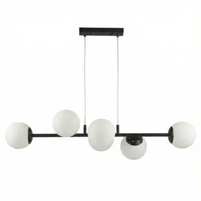 A modern black pendant light with five white glass globes, suspended from a black rectangular bar.