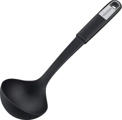 Produktbild von Fackelmann Schöpflöffel 31 cm SENSE, Suppenkelle mit Funktionsteil aus Kunststoff, rutschfester Soft-Touch-Griff, für beschichtete Pfannen und Töpfe (Farbe: Silber/Schwarz)