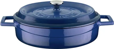 A blue enameled cast iron pot with a lid.