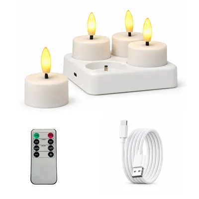 Produktbild von 4er Teelichter mit Timer,Wiederaufladbar mit Ladestation und Fernbedienung,Led Kerzen Flackernde Flamme für Weihnachtsdekoration,Zimmer,Wohnzimmer