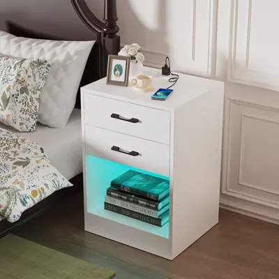 Produktbild von Nachttisch mit LED-Beleuchtung mit 2 Schubladen 60x40x35cm Weiß