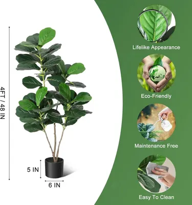 Obrázok produktu pre Umelá figovník lyrata – 122 cm – Realistický vzhľad – Polyuretán – Na vnútorné použitie – S kvetináčom – Zelený