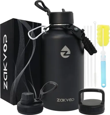 Produktbild von Isolierte Wasserflasche mit Strohhalmen und 3 Deckeln - Edelstahl - Paracord-Griff - Sportwasserflasche - Flaschenbürsten - Sport, Wandern, Camping Wasserflasche mit Strohhalm