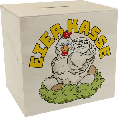 Produktbild von Eierkasse Spardose aus Holz - ich bin ein glückliches Huhn Eierkasse