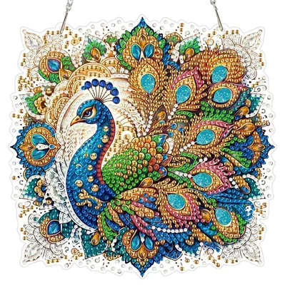 Image de Pendentif "Diamond Painting" représentant des paons, avec chaîne. Ornement décoratif à suspendre, kit de loisirs créatifs pour enfants et adultes