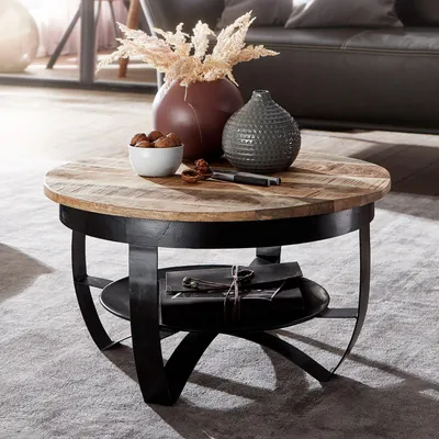 Zdjęcie produktu dla FineBuy Stolik kawowy 60x34x60 cm z litego drewna mangowego / metalu, styl industrialny, czarny, okrągły, stolik do salonu, stolik z litego drewna, mały stolik, stolik salonowy, do salonu