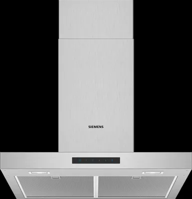 A studio product shot of a Siemens range hood against a black background.