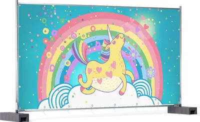 Produktbild von Wallario XXL Outdoor-Poster für Garten oder Balkon, Motiv Lustiges Einhorn auf einer Wolke vor Regenbogen, in ca. 340 x 173 cm