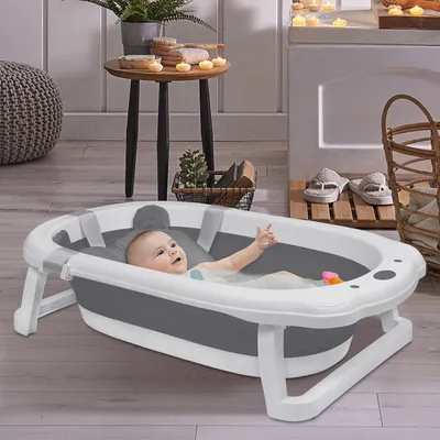 Immagine prodotto di Vaschetta da bagno pieghevole per bambini QEENTOE, con piedini antiscivolo, inclusa di cuscino di supporto, salvaspazio (grigia + cuscino per vaschetta)
