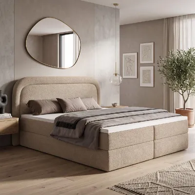 Produktbild von Boxspringbett BONITO 200x200 cm Komplett-Set mit Bettkasten, Bonell-Matratze H3 und Topper, Bouclé Taupe
