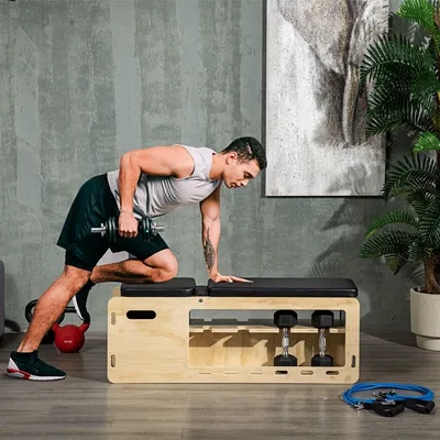 Image de Banc de musculation réglable avec support pour haltères, banc de fitness en hêtre et similicuir, bois naturel | 110 x 35 x 107 cm | 6 positions | jusqu'à 22 kg