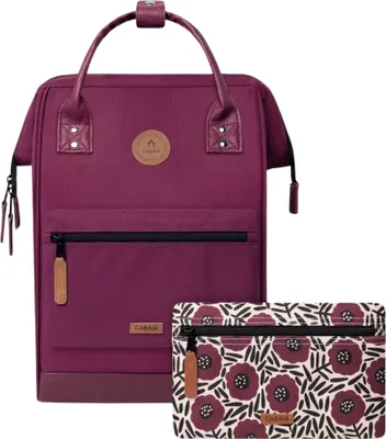 A dark red Cabaïa backpack and a matching patterned pouch are shown against a white background.