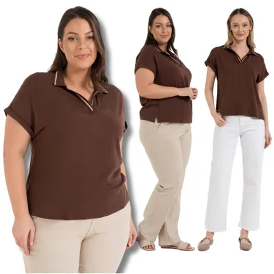 Produktbild von Moraj - Bluse Größe XL - Poloshirt Braun - Damenbluse fur Damen - Kurzarmbluse Ausschnitt Kragen