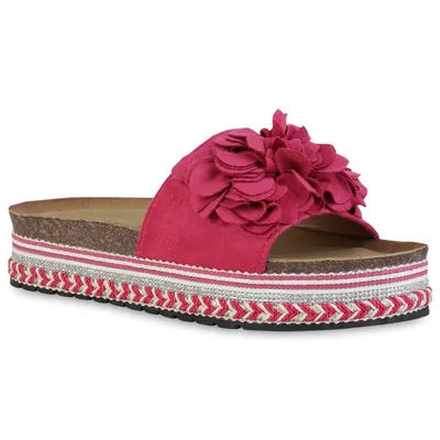 Produktbild von VAN HILL Damen Plateau Sandaletten Blumen Ethno Look Glizer Schuhe 840277, Farbe: Fuchsia, Größe: 39