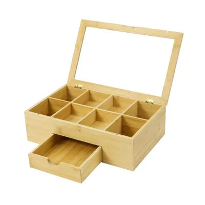 Produktbild von Lacers Purpleline Teebox aus Bambus mit Glasdeckel & Schublade Teekiste mit 8 Fächern zur Tee-Aufbewahrung Organizer Natur-Holzbox 33x20,5x10 cm