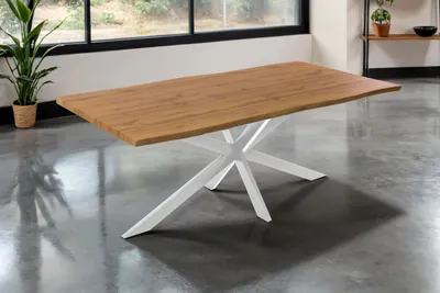 Produktbild von Esstisch 200x100 cm Baumkante Holz Wildeiche-Optik Spider-Gestell Metall weiß JOSY