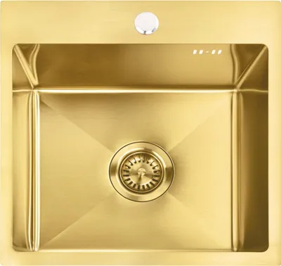 A top-down view of a gold-colored kitchen sink with a drain and a faucet hole.