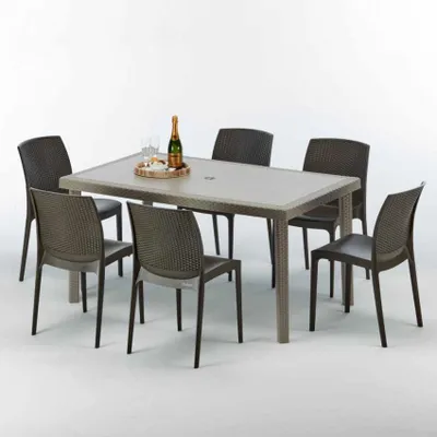 Produktbild von Polyrattan Tisch Rechteckig mit 6 Bunten Stühlen 150x90 Beige Marion