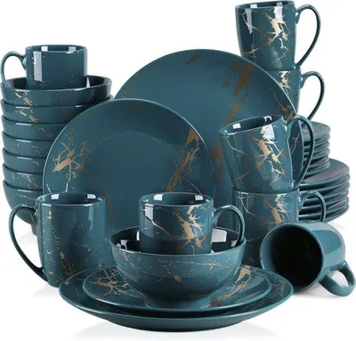 Imagen del producto de Juego de porcelana Famanu para 6 personas, color verde oscuro con detalles dorados