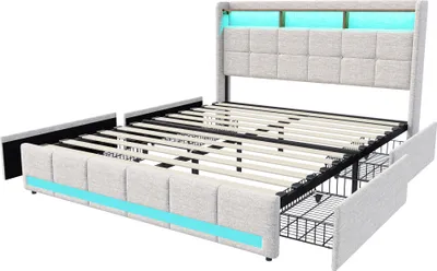 Immagine prodotto di Letto 180x200 cm con illuminazione a LED e 2 porte USB-C, letto matrimoniale imbottito con 4 cassetti, rivestimento in lino, beige